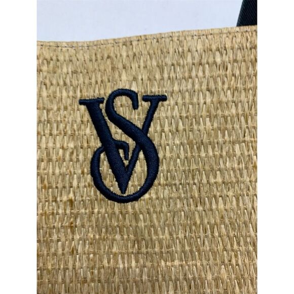 Victoria's Secret Large Weekender Straw Beach Tote Bag Blue Logo Travel Bag - Picture 6 of 9